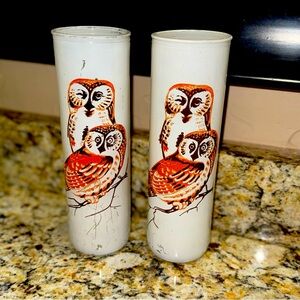 MCM Pair Of Vintage Owl Glass Pillar Candles Country Cottage Core Woodsy Unused